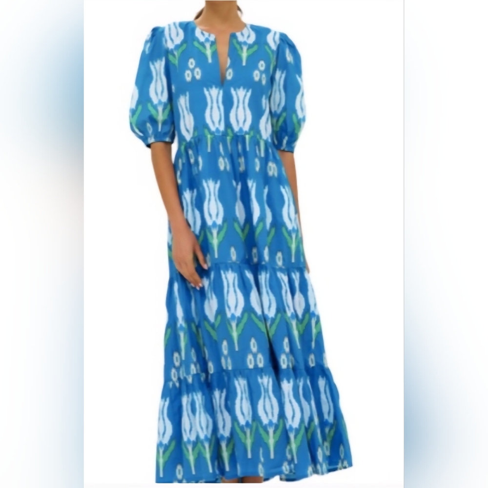 Oliphant Printed Tulip Pocketed Puff Sleeve Maxi Dress With Matching Belt Sz L - Picture 2 of 16